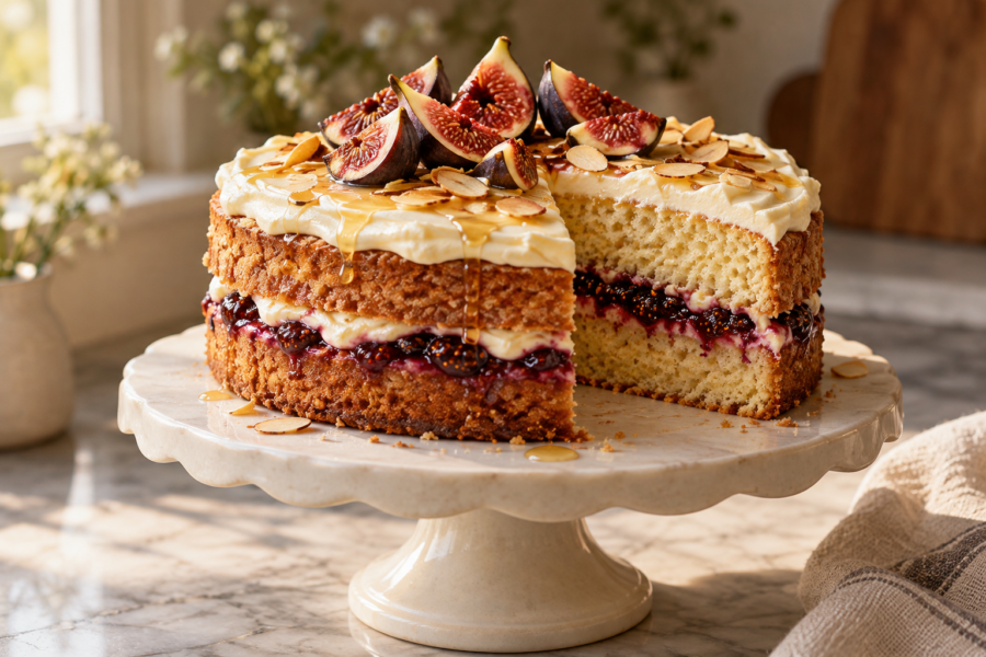 Fig honey almond layer cake with mascarpone cream