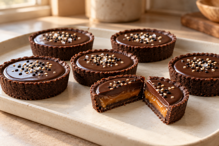 Dark chocolate tartlets with miso caramel and ganache