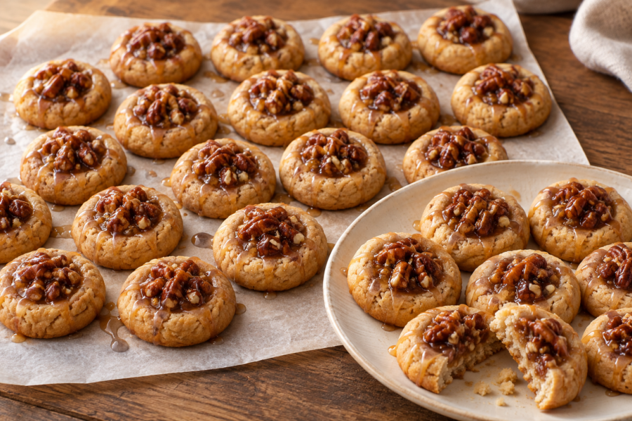 Maple pecan pie thumbprint cookies with maple drizzle