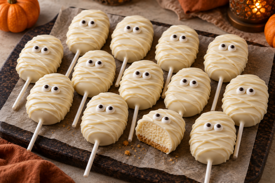 No-bake mummy cheesecake pops with white chocolate bandages and candy eyes