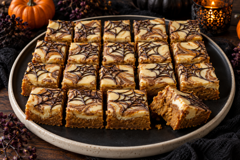 Halloween pumpkin cheesecake blondies with cinnamon swirl