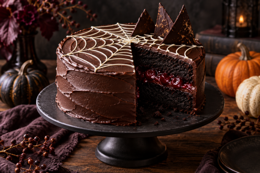 Black velvet Halloween cake with cherry filling