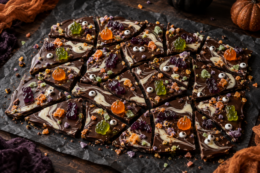 Halloween gummy chocolate bark with sour candy crunch