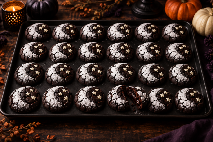 Halloween moon crinkle cookies with vanilla stars