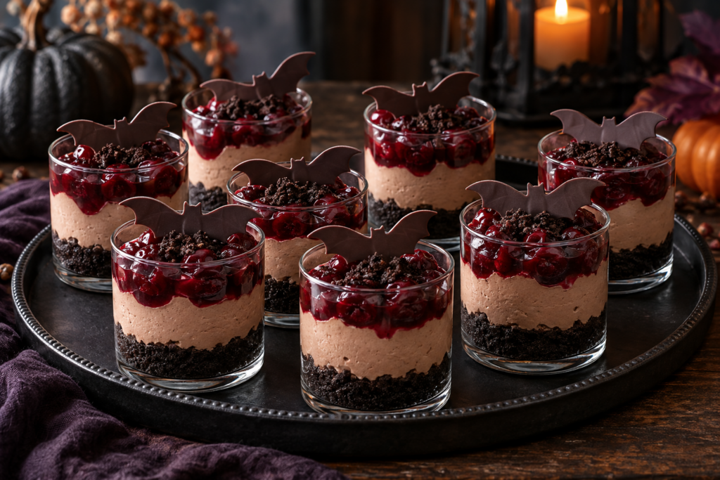 Halloween Black Forest cheesecake jars with chocolate bats