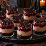 Halloween Black Forest cheesecake jars with chocolate bats