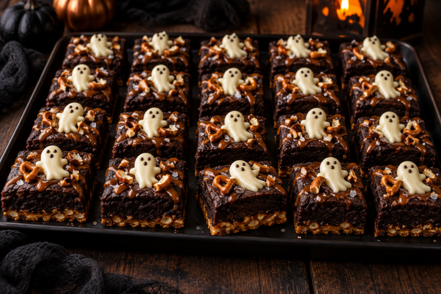 Halloween salted caramel pretzel brownies with white chocolate ghosts