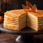 Halloween pumpkin crepe cake with burnt sugar shards