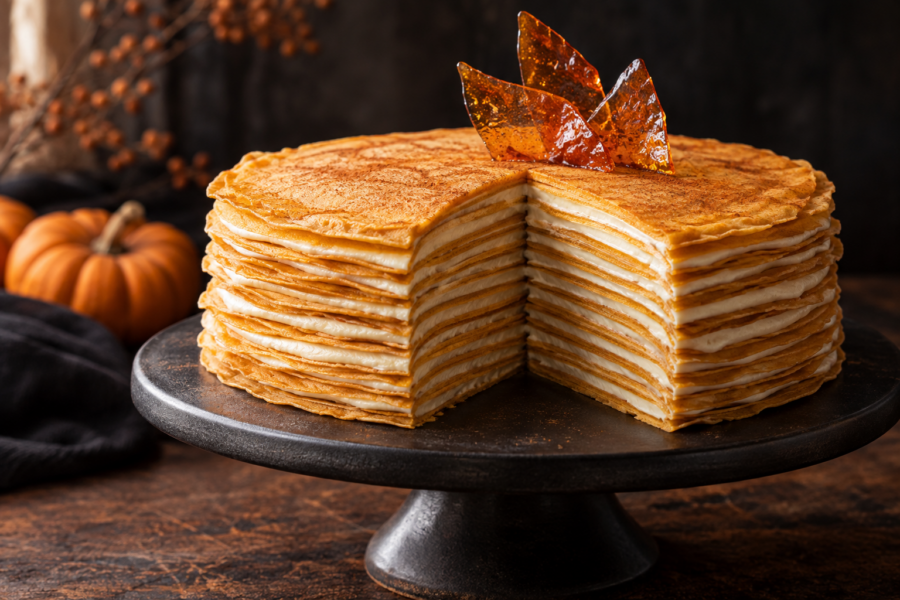 Halloween pumpkin crepe cake with burnt sugar shards