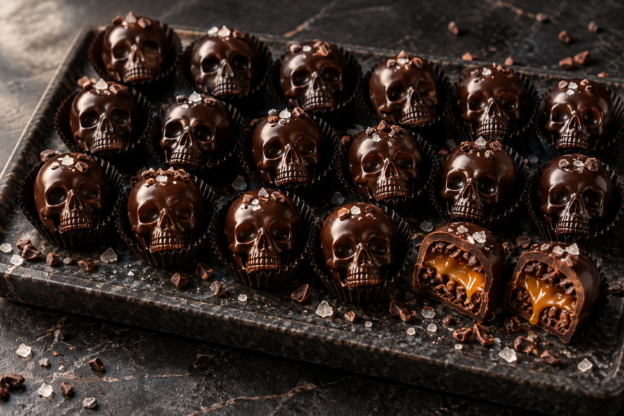 Halloween salted caramel chocolate skulls with praline crunch