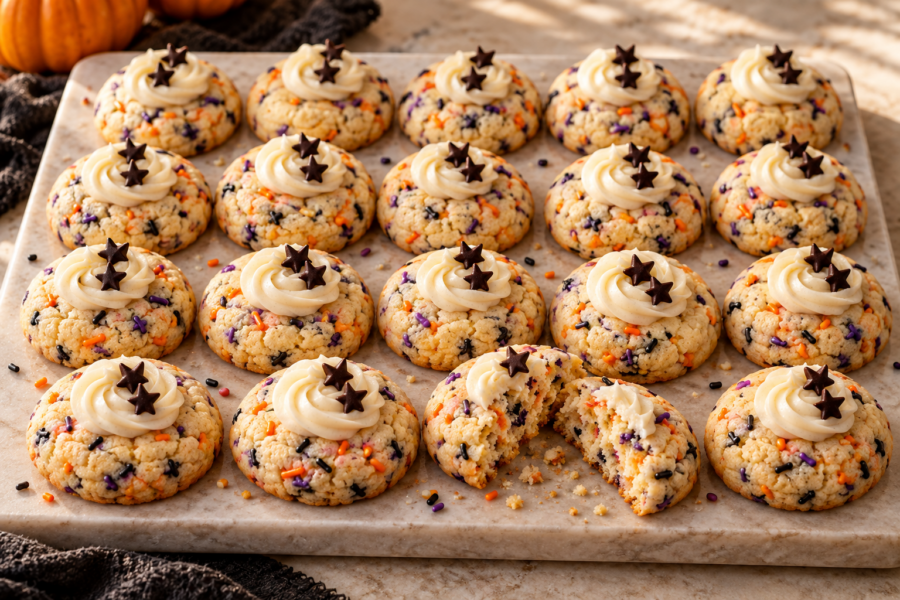 Halloween sprinkle cake cookies with vanilla frosting
