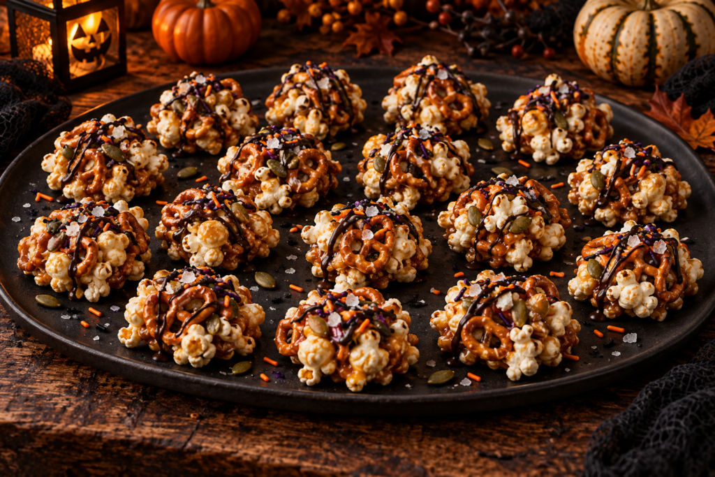 Halloween salted caramel popcorn clusters with dark chocolate