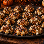 Halloween salted caramel popcorn clusters with dark chocolate
