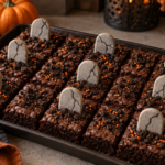 Espresso tombstone brownies with cookie dirt and gray shortbread markers