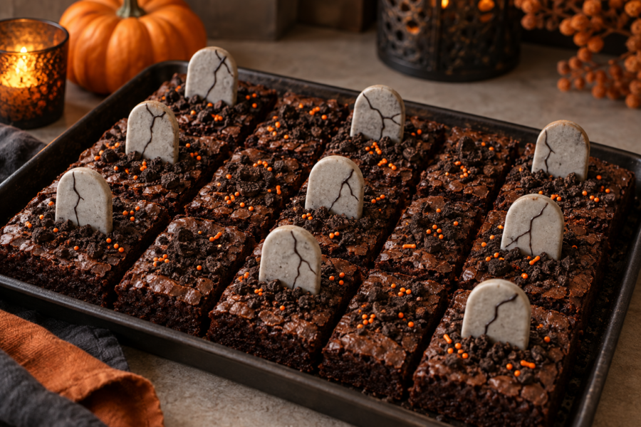 Espresso tombstone brownies with cookie dirt and gray shortbread markers