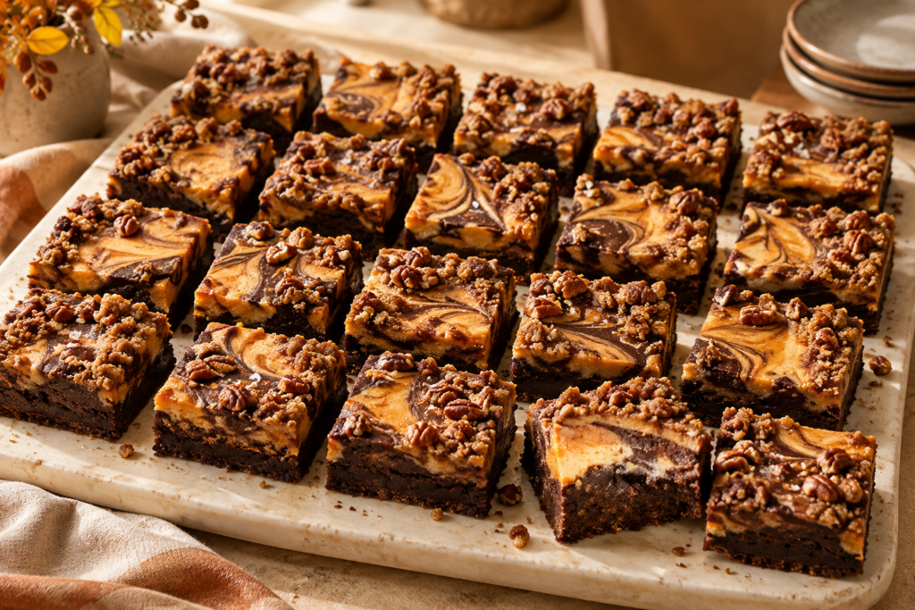 Thanksgiving sweet potato cheesecake brownies with pecan streusel
