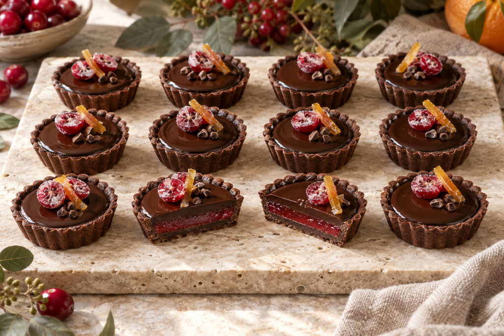 Thanksgiving cranberry chocolate tartlets with orange garnish