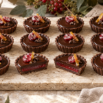 Thanksgiving cranberry chocolate tartlets with orange garnish