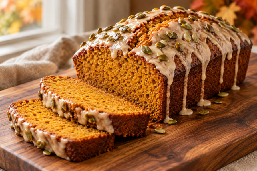Pumpkin loaf cake with brown butter and maple glaze