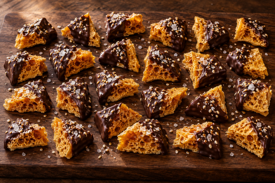 Chocolate-covered chai honeycomb candy pieces