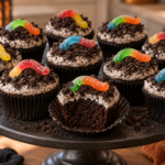 Halloween dirt cupcakes with cookie crumbs and gummy worms