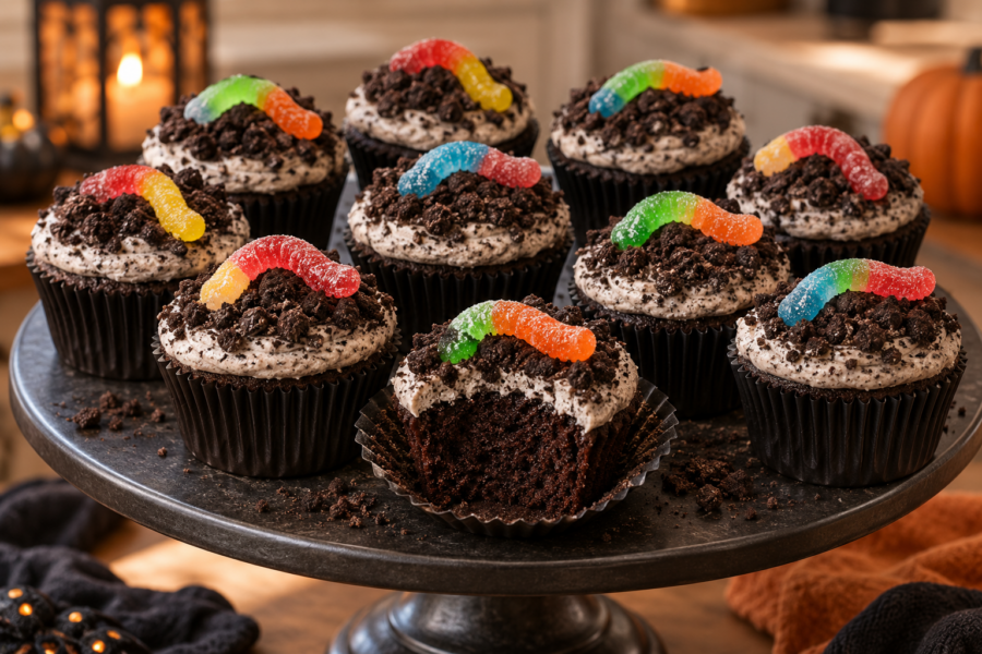 Halloween dirt cupcakes with cookie crumbs and gummy worms