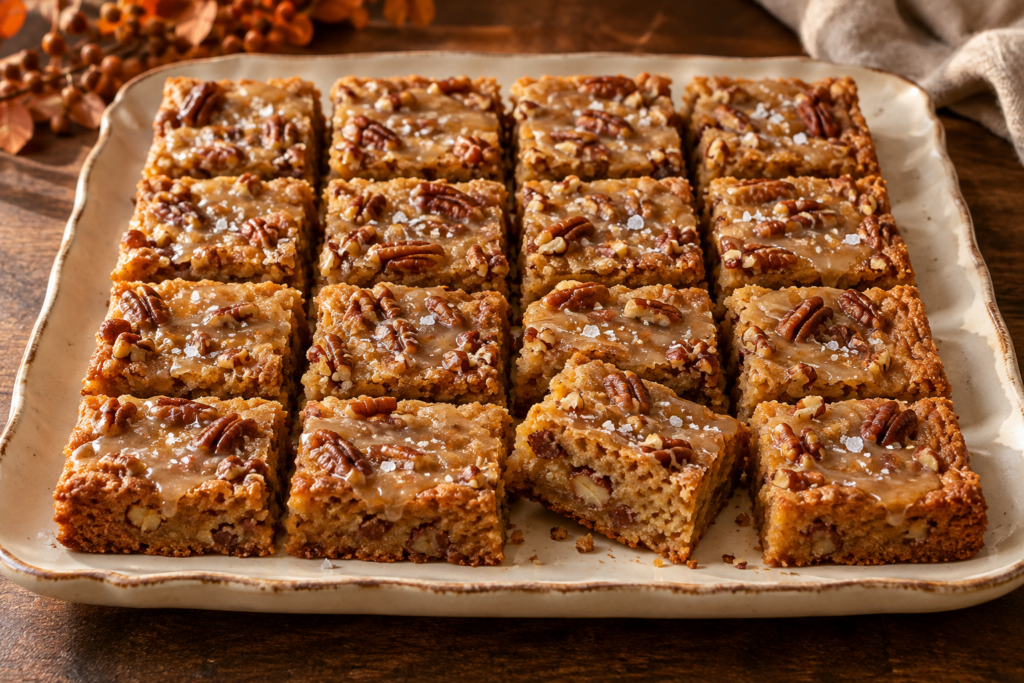 Butter pecan blondies with salted maple glaze