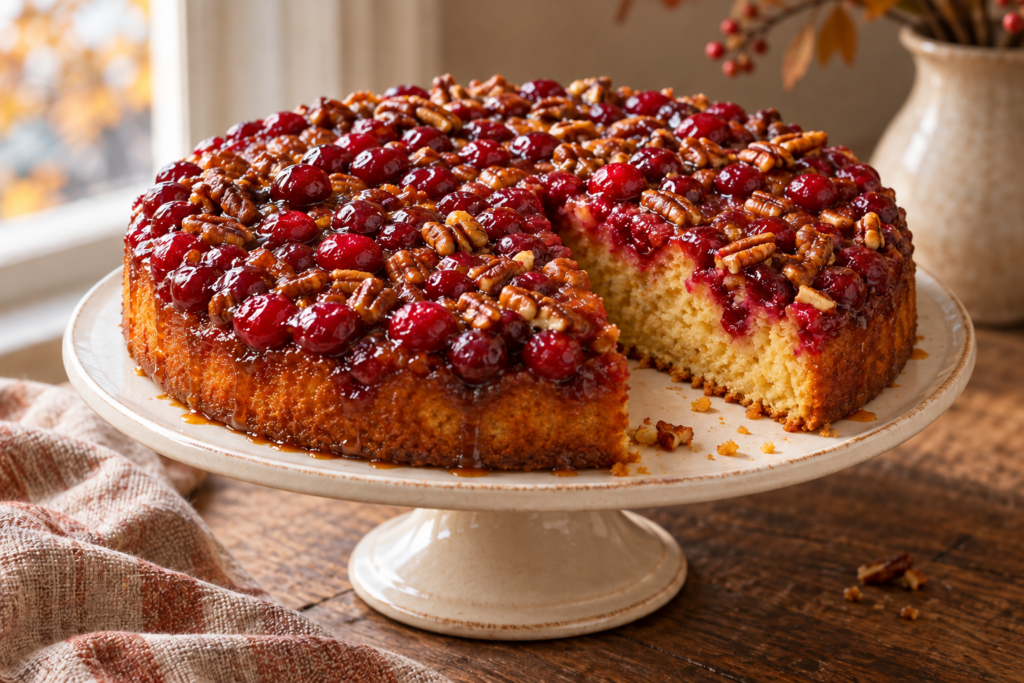 Cranberry upside-down cake with orange and pecans