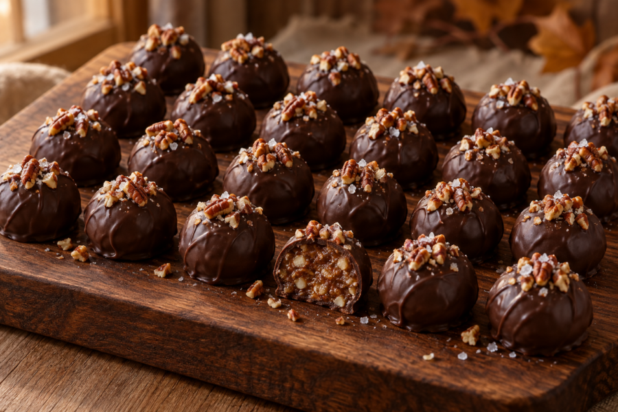 Chocolate pecan pie truffles with maple centers