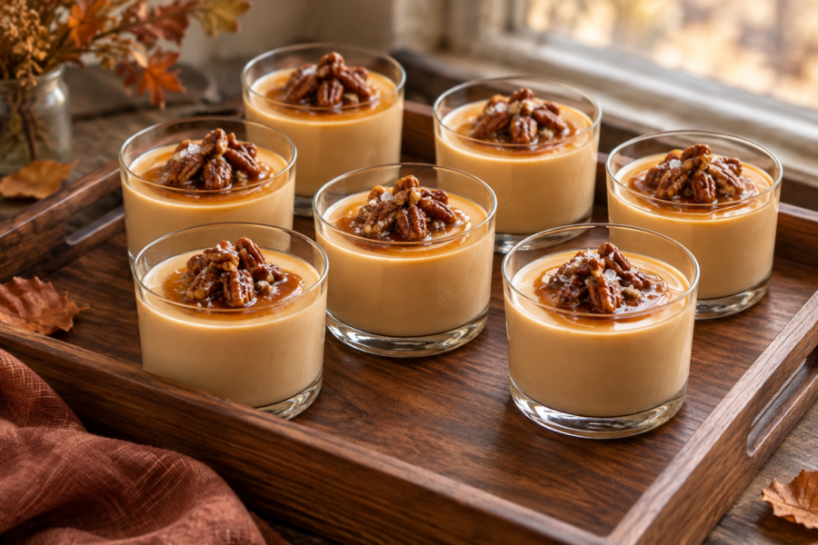 Salted caramel panna cotta with maple pecans