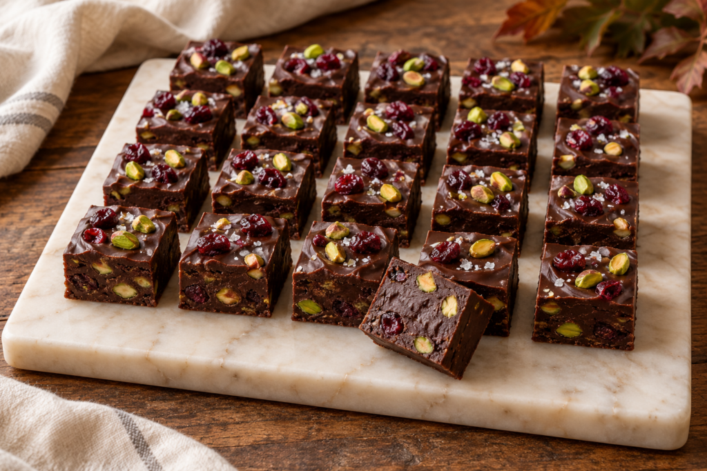 Dark chocolate cranberry pistachio fudge squares
