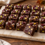 Dark chocolate cranberry pistachio fudge squares