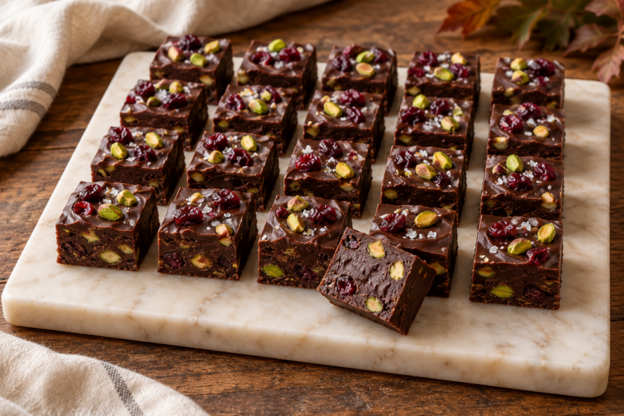 Dark chocolate cranberry pistachio fudge squares