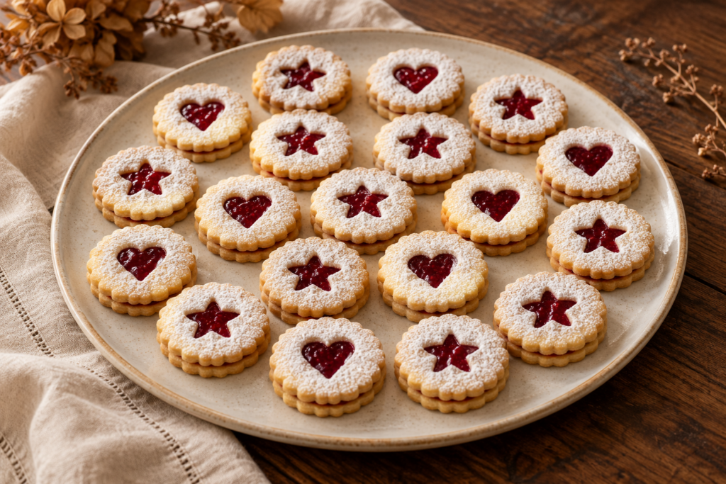 Raspberry almond Linzer cookies with jam windows
