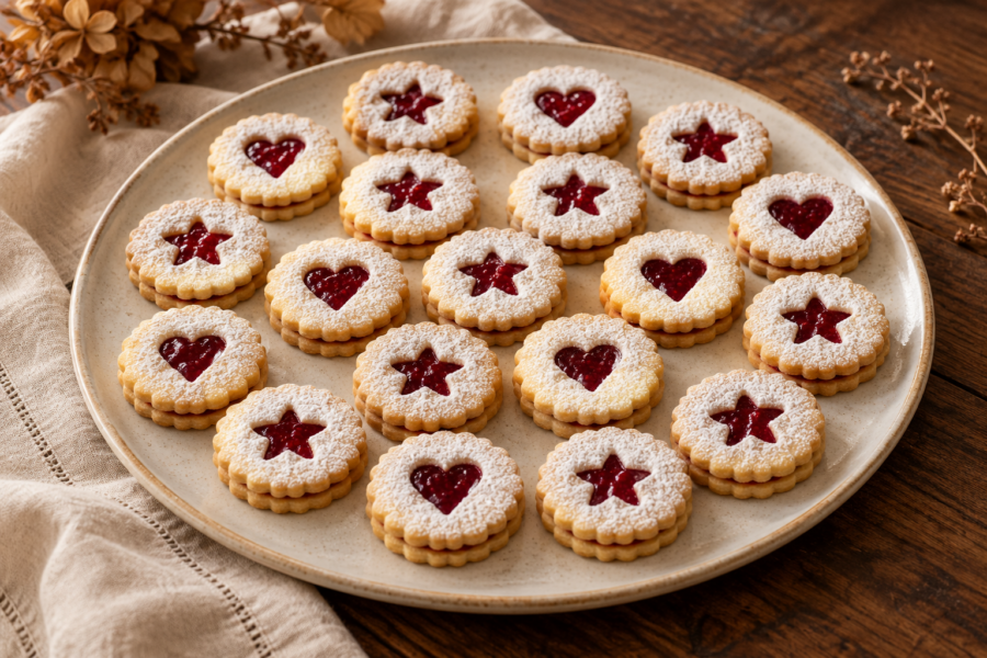 Raspberry almond Linzer cookies with jam windows