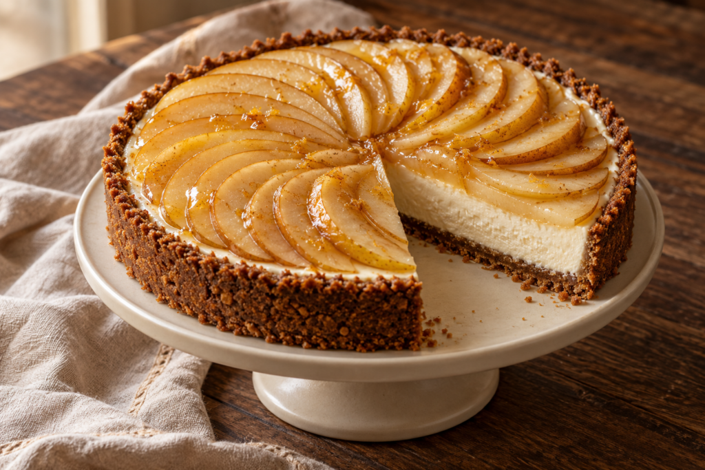 No-bake pear ginger cheesecake tart with gingersnap crust