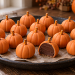 Pumpkin-shaped salted caramel chocolate truffles with pretzel stems