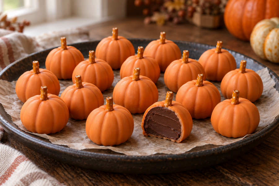 Pumpkin-shaped salted caramel chocolate truffles with pretzel stems