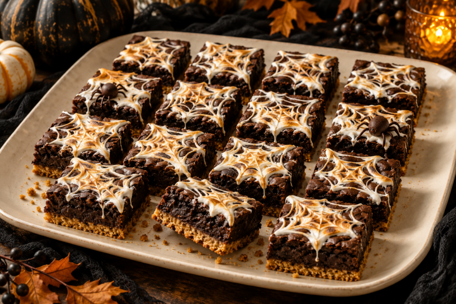 Halloween marshmallow web brownies with s'mores crust