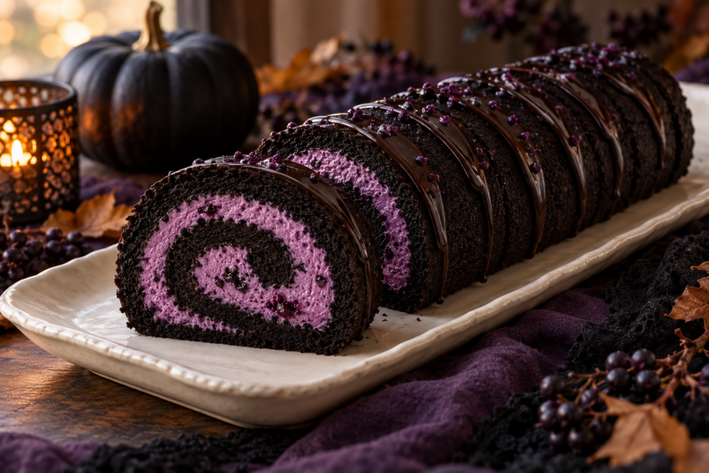 Halloween black cocoa Swiss roll with purple cream