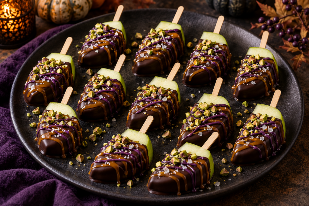 Halloween chocolate apple slices with caramel drizzle