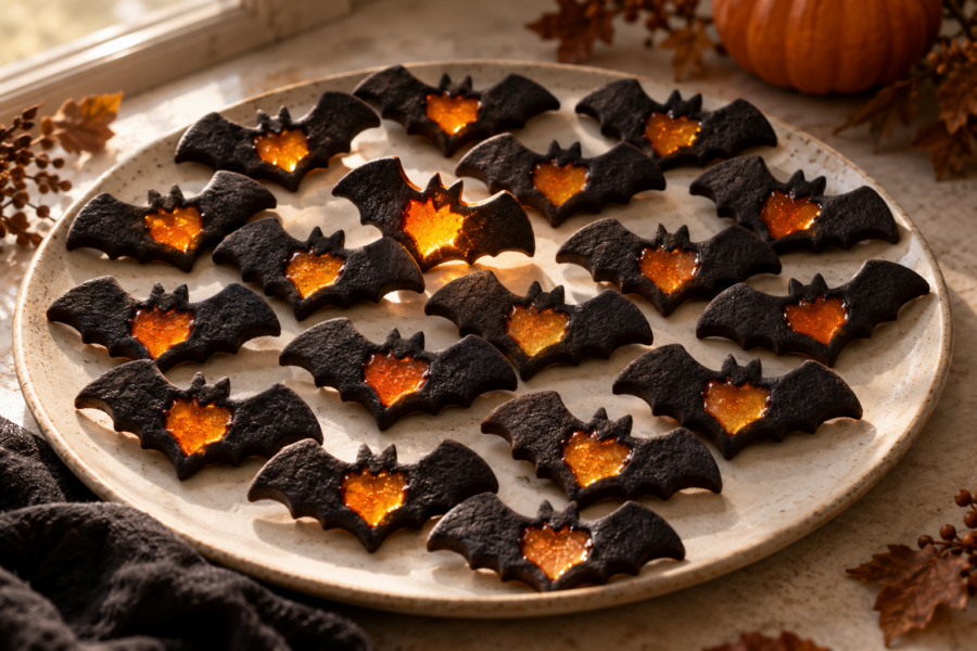 Halloween stained glass bat cookies with orange windows