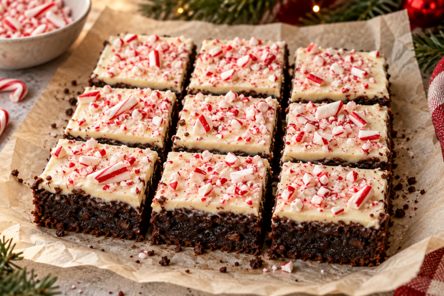 Peppermint bark brownies with white chocolate topping and crushed candy canes on a Christmas dessert platter.