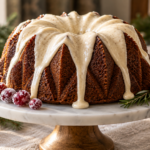 Gingerbread Bundt cake with brown butter cream cheese glaze on a Christmas cake stand.