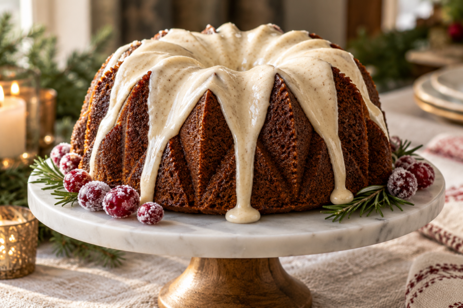 Gingerbread Bundt cake with brown butter cream cheese glaze on a Christmas cake stand.