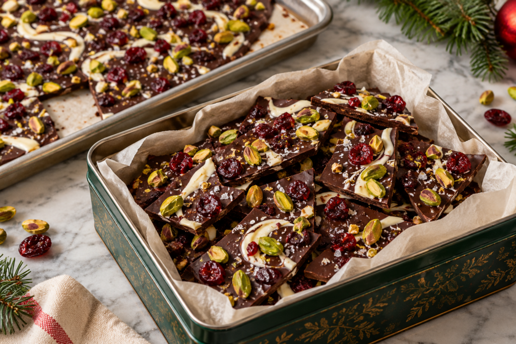 Cranberry pistachio chocolate bark with dark chocolate, white swirl, red fruit, and green nuts.
