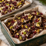 Cranberry pistachio chocolate bark with dark chocolate, white swirl, red fruit, and green nuts.