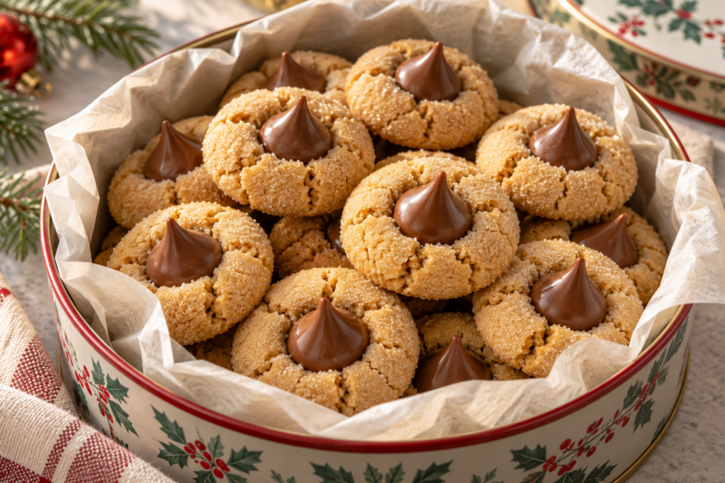 Christmas peanut butter blossom cookies with sparkling sugar and milk chocolate centers.