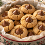 Christmas peanut butter blossom cookies with sparkling sugar and milk chocolate centers.