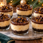 No bake chocolate orange cheesecake cups with cookie crumb layers and dark chocolate ganache.